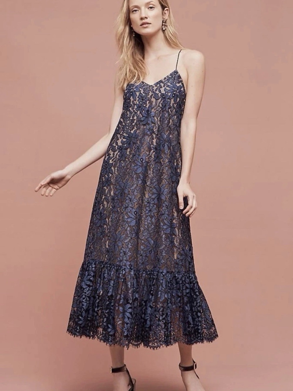 NEW ANTHROPOLOGIE Moulinette Soeurs Navy Lace Slip Midi Dress Ruffle Hem SIZE 10